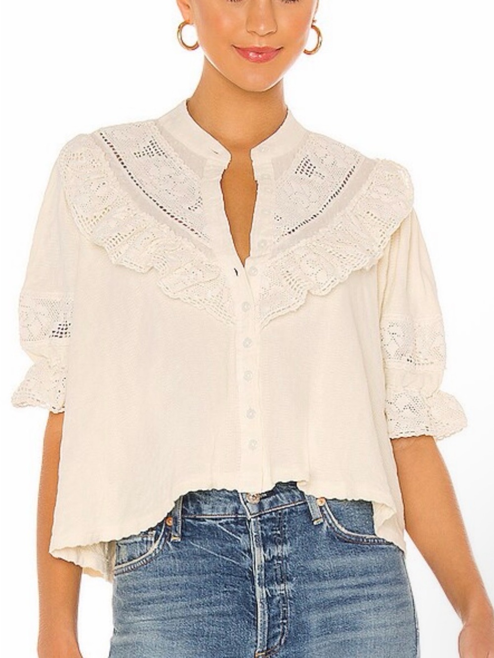 Free People Ivory Lace Ruffle Button-Front Blouse
